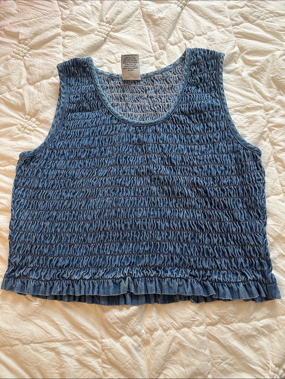ellemenno Denim-Effect Blue Smocked Tank with Ruffle Trim